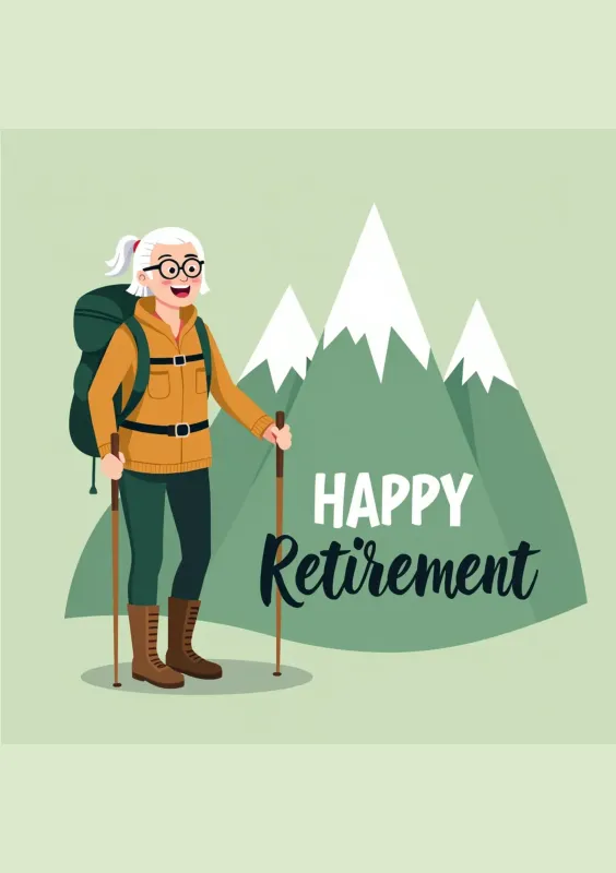 Una ilustración divertida de una mujer de tercera edad con gafas de grandes dimensiones, vestida para el senderismo y sonriendo mientras sostiene dos bastones, con montañas blancas y verdes de fondo que dicen 'Happy Retirement'.