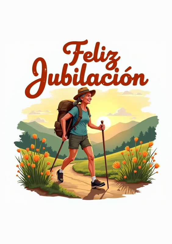 Ilustración de una persona sonriendo y caminando por un sendero en un paisaje montañoso, rodeado de flores y con un sol radiante de fondo, con el texto 'Feliz Jubilación' en la parte superior.