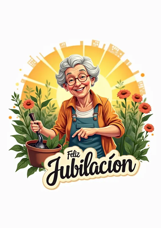 Portada de tarjeta de jubilación con una mujer mayor sonriente que planta flores, rodeada de un paisaje brillante y soleado.