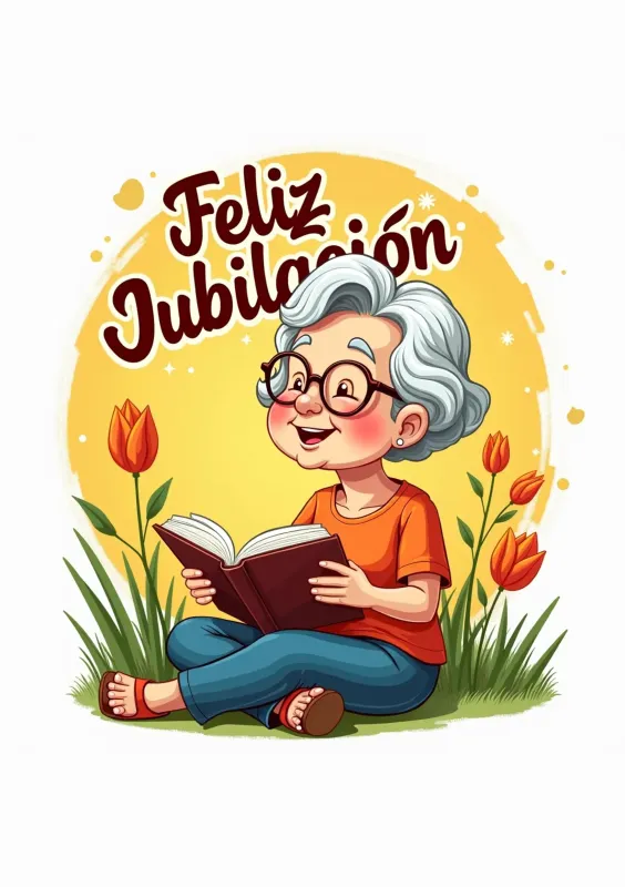Una tarjeta de jubilación colorida con una ilustración de una mujer mayor leyendo un libro en un entorno natural, rodeada de flores.