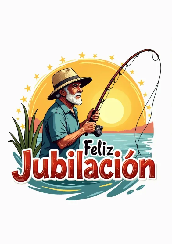 Una tarjeta de jubilación con un hombre mayor pescando al atardecer, con la frase 'Feliz Jubilación'. El fondo muestra un sol radiante y un ambiente tranquilo de lago o mar, con vegetación a los lados.