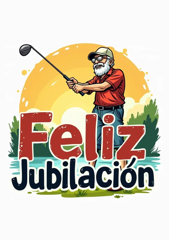 Tarjeta de felicitación que celebra la jubilación, mostrando a un hombre mayor con barba y gafas, jugando golf bajo un sol brillante, rodeado de naturaleza.