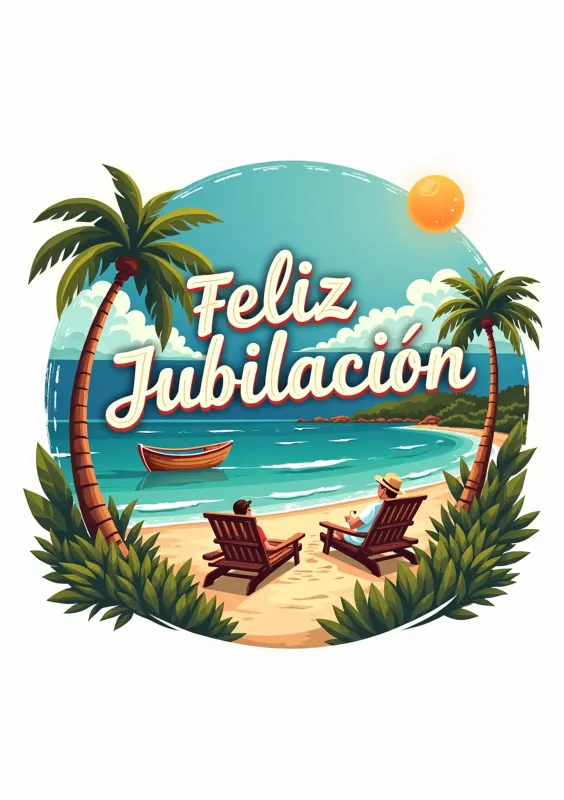 Una tarjeta de felicitación para jubilación que muestra dos tumbonas en una playa paradisíaca, con palmeras y un bote en el mar, exclamando "Feliz Jubilación".