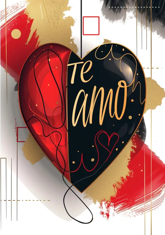 Tarjeta de San Valentín con un corazón rojo y negro que dice 'Te amo', adornado con detalles gráficos y colores vibrantes.