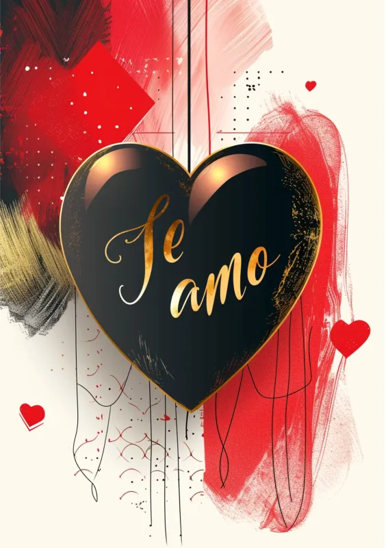 Portada de tarjeta de San Valentín con un corazón negro brillante que dice 'Te amo' en letras doradas, rodeado de elementos en tonos rojo y dorado.