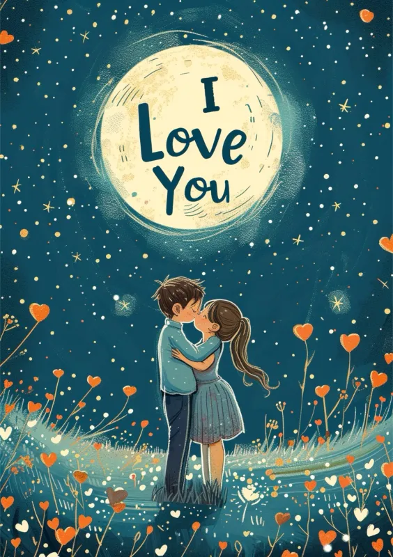 Ilustración de una pareja besándose bajo un cielo estrellado con una luna brillante que dice 'I Love You'. El entorno está lleno de corazones y flores, creando una atmósfera romántica.
