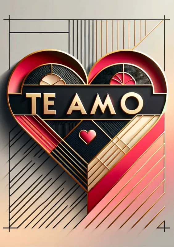 Tarjeta de felicitación de San Valentín con un diseño elegante y moderno, que presenta un corazón en colores rojo, negro y dorado. En el centro se encuentra la frase 'TE AMO'.