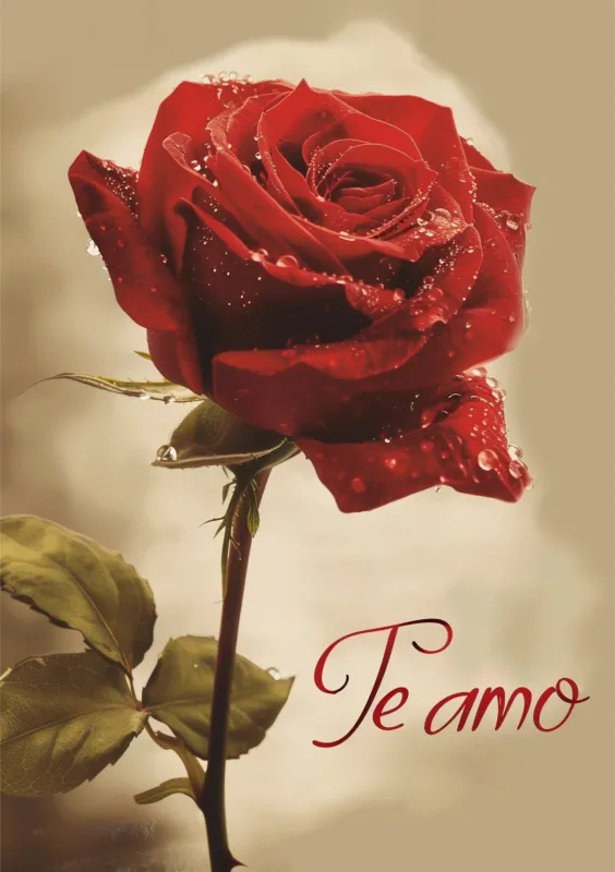 Tarjeta de felicitación de San Valentín con una hermosa rosa roja cubierta de gotas de agua y la frase 'Te amo' escrita en cursiva.
