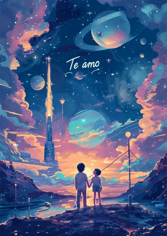 Una tarjeta de San Valentín con el mensaje 'Te amo', mostrando a dos niños de espaldas sosteniéndose de la mano, con un fondo impresionante de un cielo estrellado, planetas y una ciudad futurista iluminada.