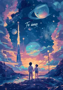 Portada de tarjeta de San Valentín con dos niños mirando un cielo de ciencia ficción