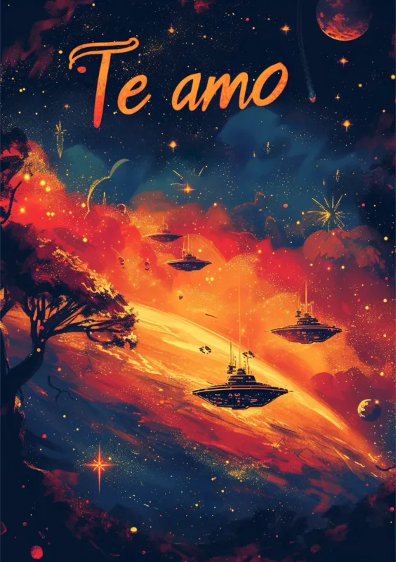 Una tarjeta de San Valentín con un diseño cósmico que presenta naves espaciales sobre un fondo de colores cálidos, destacando la frase 'Te amo'.
