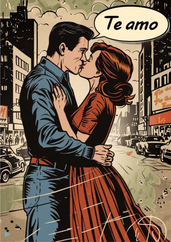Ilustración de una pareja besándose en un entorno urbano con un estilo retro, acompañada del texto 'Te amo'.