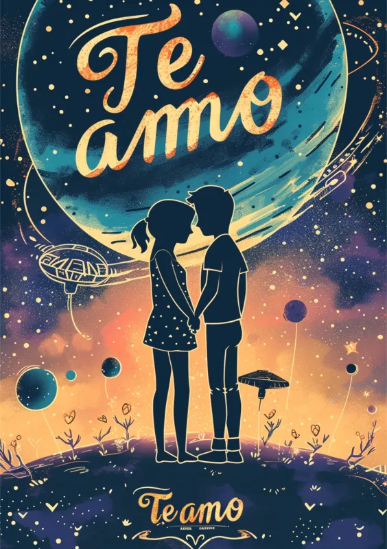 Una romántica tarjeta de San Valentín que muestra a una pareja de pie en un paisaje cósmico, sosteniendo sus manos, con un gran planeta en el fondo y el texto 'Te amo' en letras brillantes.