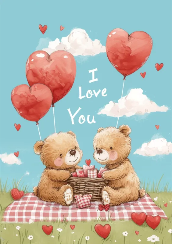 Tarjeta de San Valentín con dos osos de peluche sentados sobre un mantel a cuadros, rodeados de corazones y globos, mostrando un mensaje de amor.