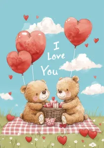 Portada de tarjeta de San Valentín con dos osos de pelucha de picnic con globos de corazones