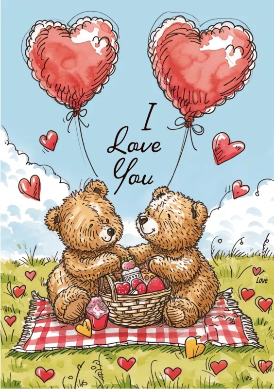 Una tarjeta de San Valentín que muestra dos ositos tiernos sentados sobre una manta, rodeados de corazones, compartiendo una canasta de fresas.