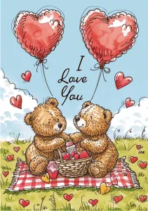 Portada de tarjeta de San Valentín con dos osos de pelucha de picnic con globos de corazones