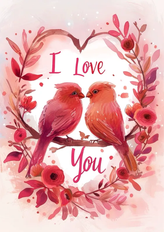 Una tarjeta de San Valentín que presenta dos pájaros en colores cálidos, rodeados de flores, con un mensaje que dice 'I Love You' en el centro, todo en un marco de corazón.