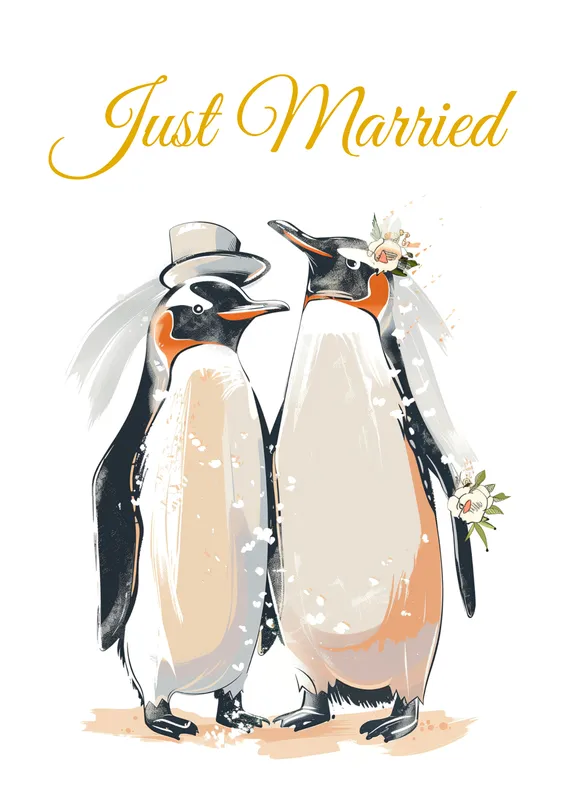 Ilustración de dos pingüinos vestidos de boda, con un sombrero y flores, que celebran su unión.