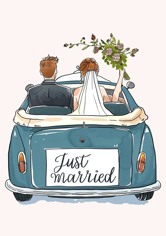 Ilustración de una pareja recién casada viajando en un coche antiguo, con la novia sosteniendo un ramo de flores y una señal que dice 'Just married'.