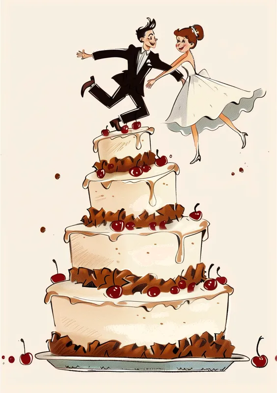 Una ilustración de una pareja de novios saltando sobre un pastel de bodas de varios niveles decorado con cerezas y chocolate.