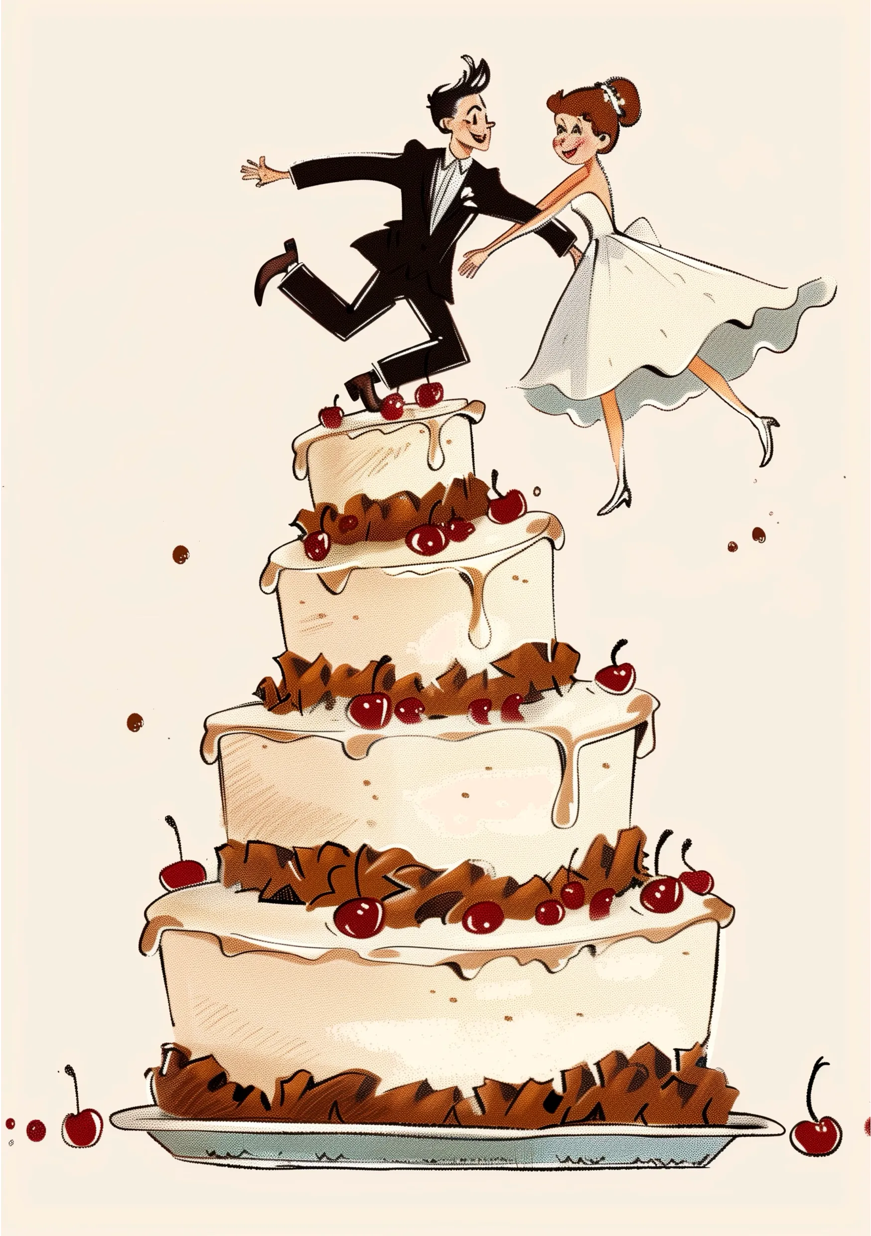 Portada para una tarjeta de felicitación de boda con dos novios bailando sobre la tarta nupcial