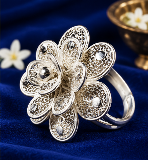 Lotus Ring — silver filigree, handmade in Cuttack, Odisha