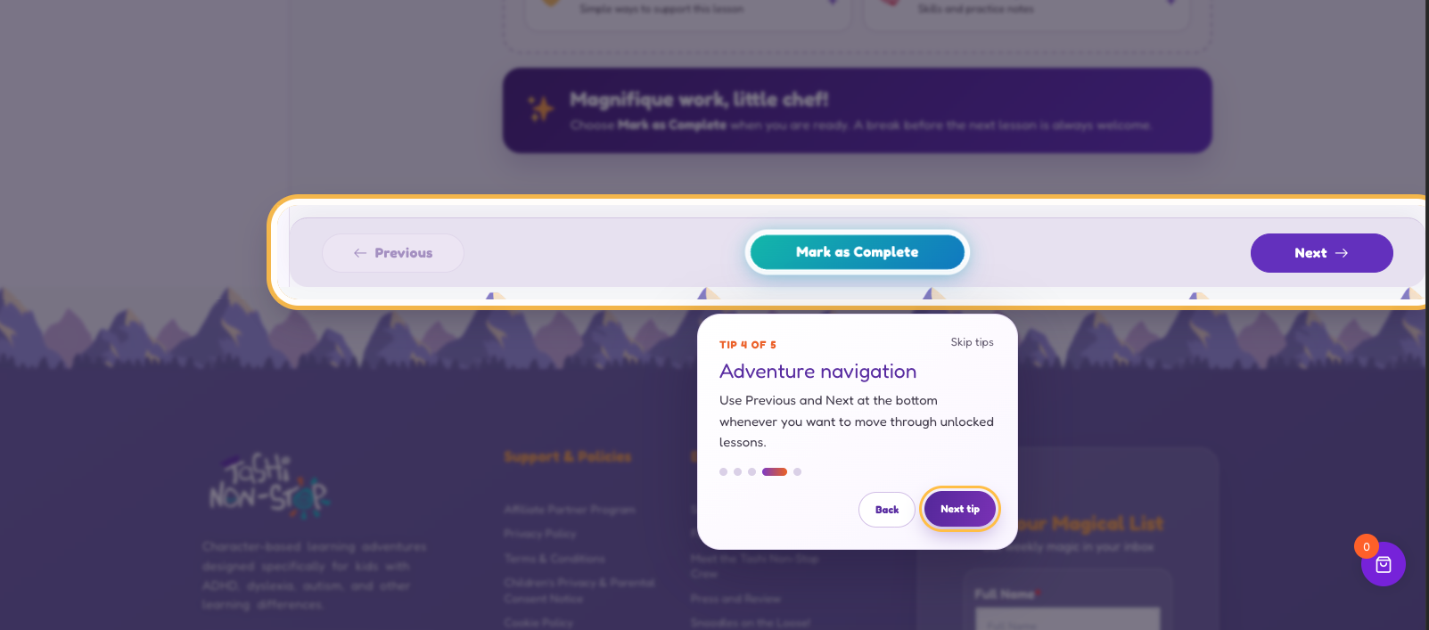 Course Player navigation tip highlighting Previous, Mark as Complete, and Next buttons