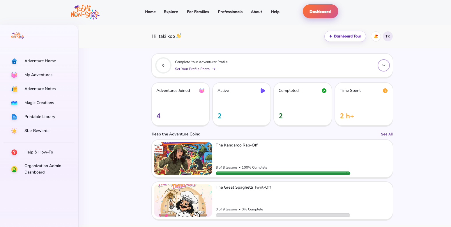 Tashi learner Dashboard showing adventure progress, active and completed adventures, time spent, and the side menu