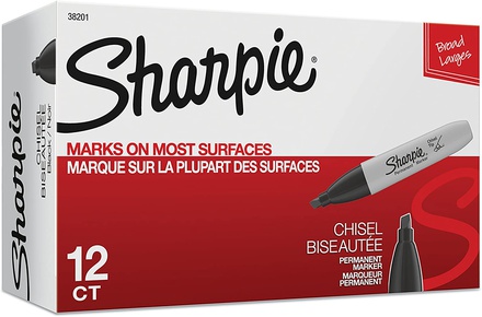 Sharpie 38201 Permanent Markers, Chisel Tip, Black, 12 Units