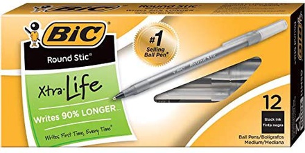 BIC Round Stic Xtra Life pens, medium tip,Black 12 units