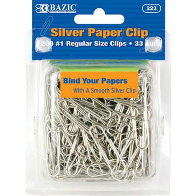 BAZIC No.1 Regular (33mm) Silver Paper Clips (200/Pack)