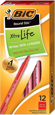 BIC Round Stic Xtra Life pens, medium tip, Red 12 units070330201194
