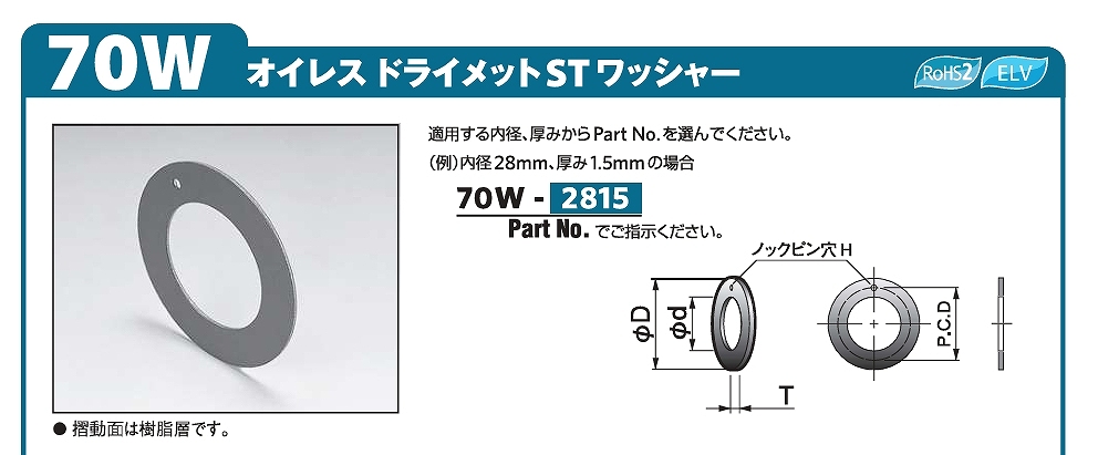 ﾊﾞｯｸﾒﾀﾙ付き含油ﾎﾟﾘｱｾﾀｰﾙ複層軸受(ﾄﾞﾗｲﾒｯﾄST)70B/70W/70P形