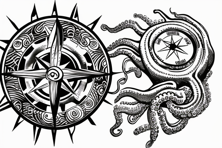 rising sun sun burst over ocean with an alien octopus holding a compass tattoo idea