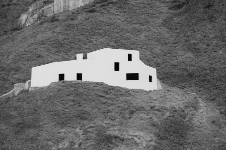 outline of a villa on the cliffs with a pass to it looking at it from the bottom of the pass. thigh-sized. 
the villa has a overhang and is secured by a a construction. tattoo idea