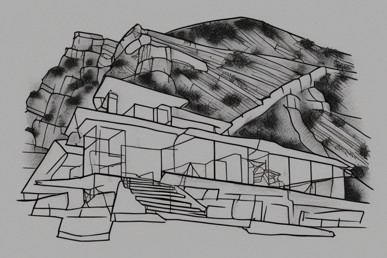 outline of a villa on the cliffs with a pass to it looking at it from the bottom of the pass. thigh-sized. 
the villa has a overhang over the cliff and is secured by a a construction. 
style: line work
villa style: old disney tattoo idea