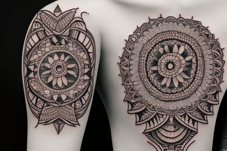 the tattoo should be on the right upper arm. the motif should be a female face that has an indigenous shamanic touch. the neck should be visible with the face. the face should be surrounded by geometric patterns in dotwork style with different shades. tattoo idea