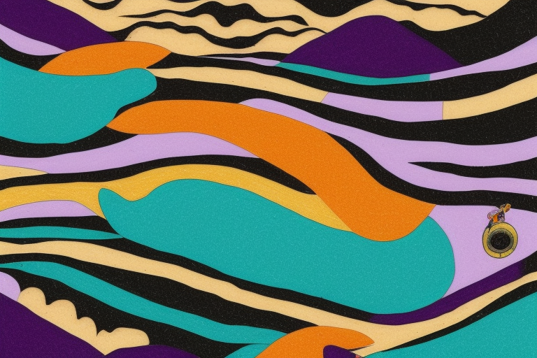 card sized

thick black lines, with teal, amber and purple being the only used color in the rivers.The human being in the boat is grey and orange. the surrounding area around the river is a purple black hole 

A human being is relaxing in a boat going down a river in the universe tattoo idea