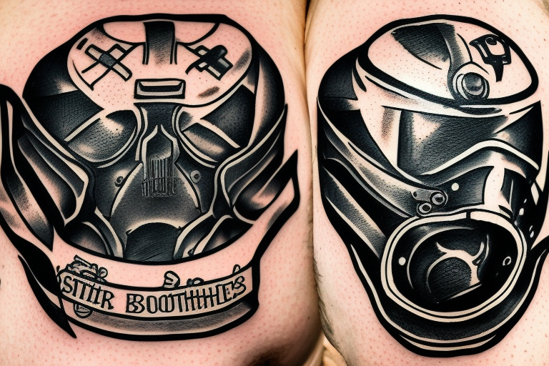 Brotherhood's of steel helmet from fallout 2, a knife and snake around it tattoo idea