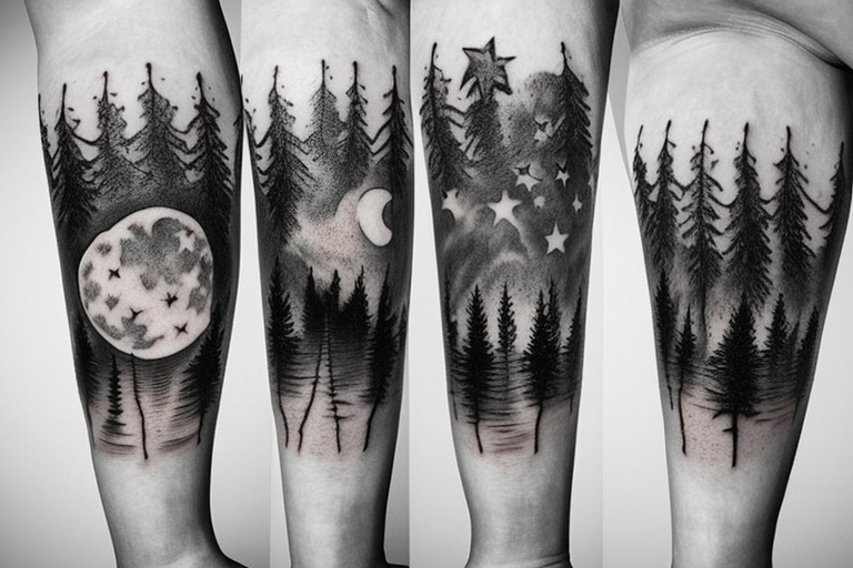 Moon, river, bonfire, forest, stars tattoo idea