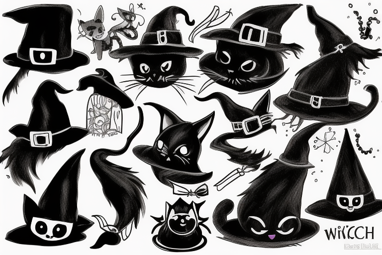 a black cat with a witch hat tattoo idea