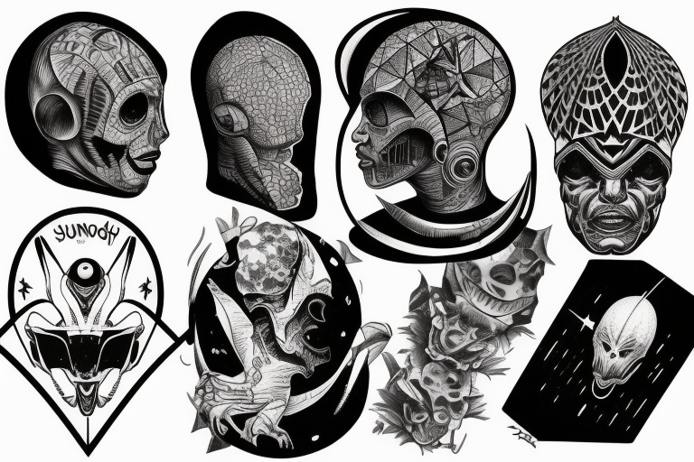 space on shounder, alien head , human head, human, pyramids, flying saucer, full sleeve tattoo idea