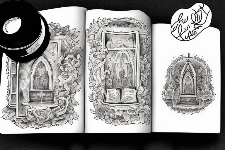holy gates with clouds surrounding. bible in the middle of the gates with “ink” written on the middle of the bible. tattoo idea