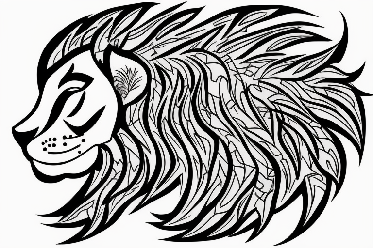 A predatory lion looking at the sky and green nature tattoo idea