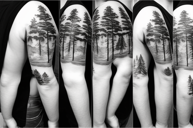 Pine trees looking to clouds tattoo idea
