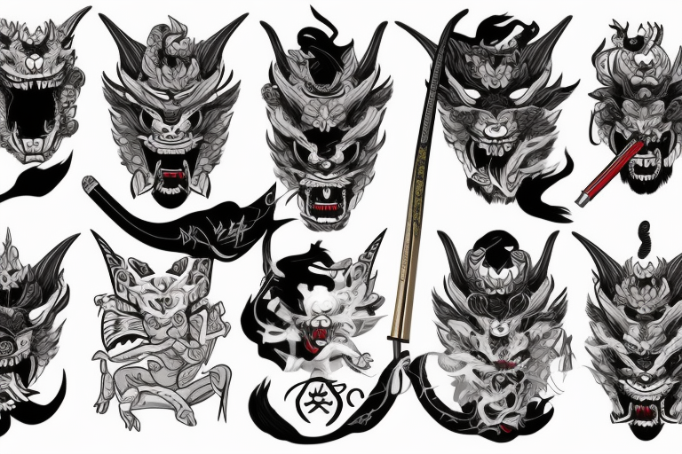 beautiful girl wearing oni mask on half her face wielding a katana in which a dragon comes out of tattoo idea