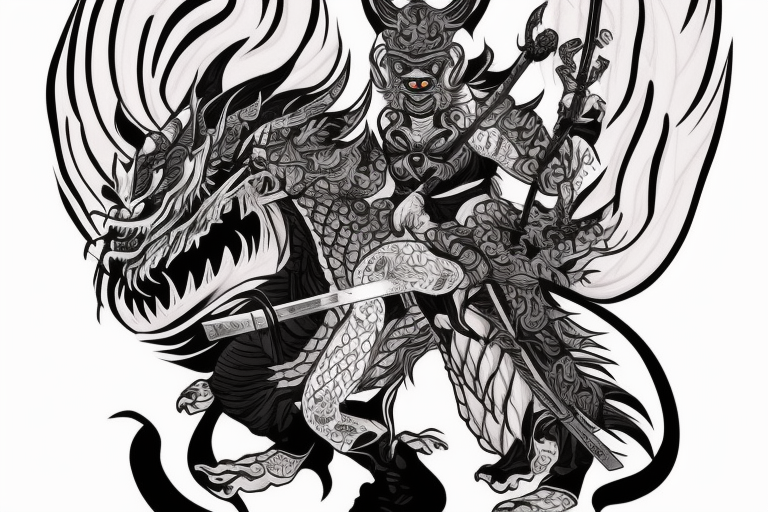 beautiful girl wearing oni mask on half her face wielding a katana in which a dragon comes out of tattoo idea