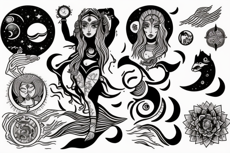 Goddess ishtar, cosmos, sun, moon, ocean tattoo idea