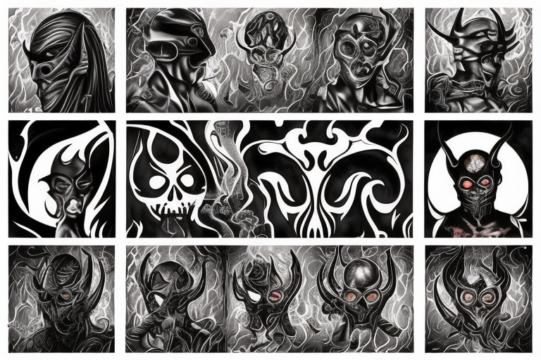 masked man standing in front of the fiery gates of hell tattoo idea